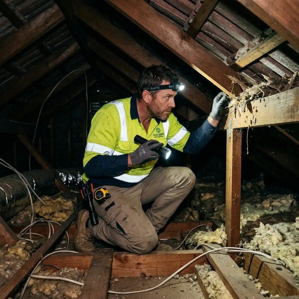 Technician inspecting a roof cavity for a dead animal in Black Rock